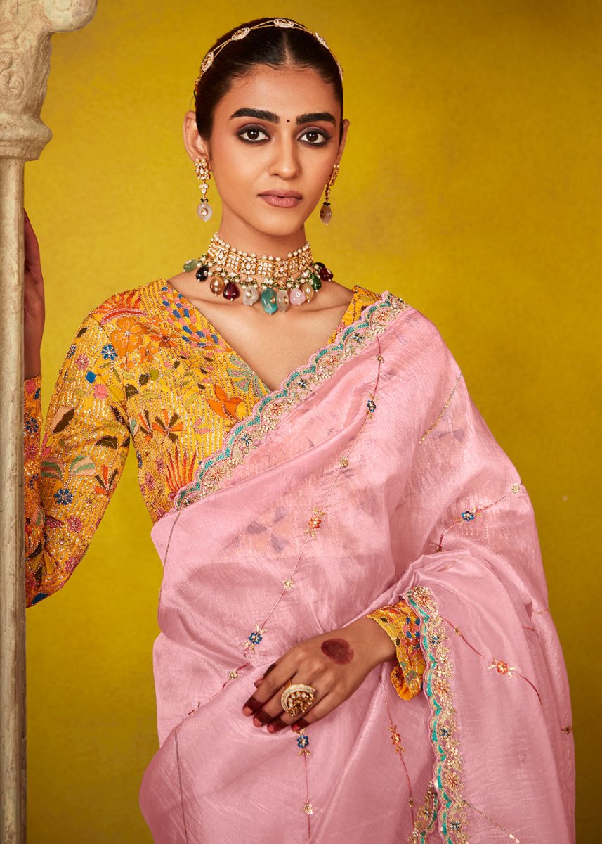 Lace Pink Tissue Silk Saree with Stunning Sequins and Thread Embroidery work - House of Sarvati LLC