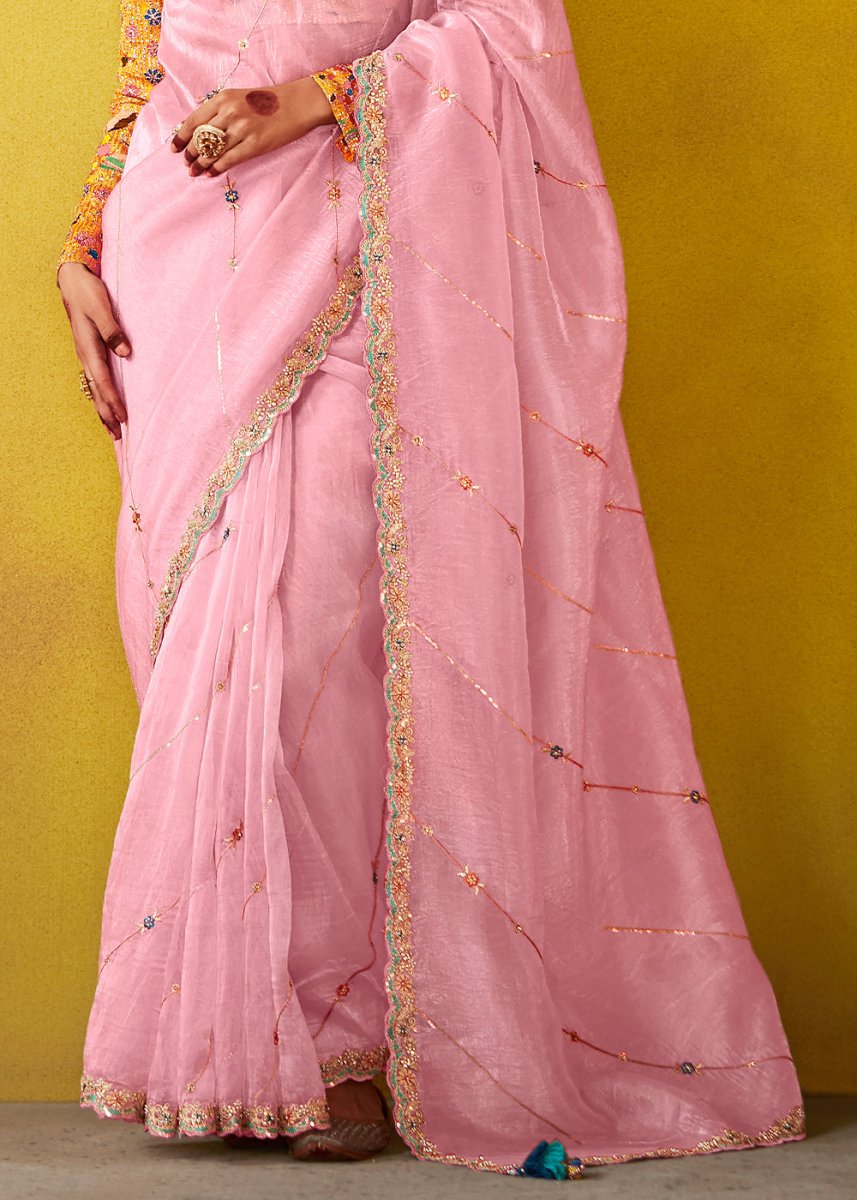 Lace Pink Tissue Silk Saree with Stunning Sequins and Thread Embroidery work - House of Sarvati LLC