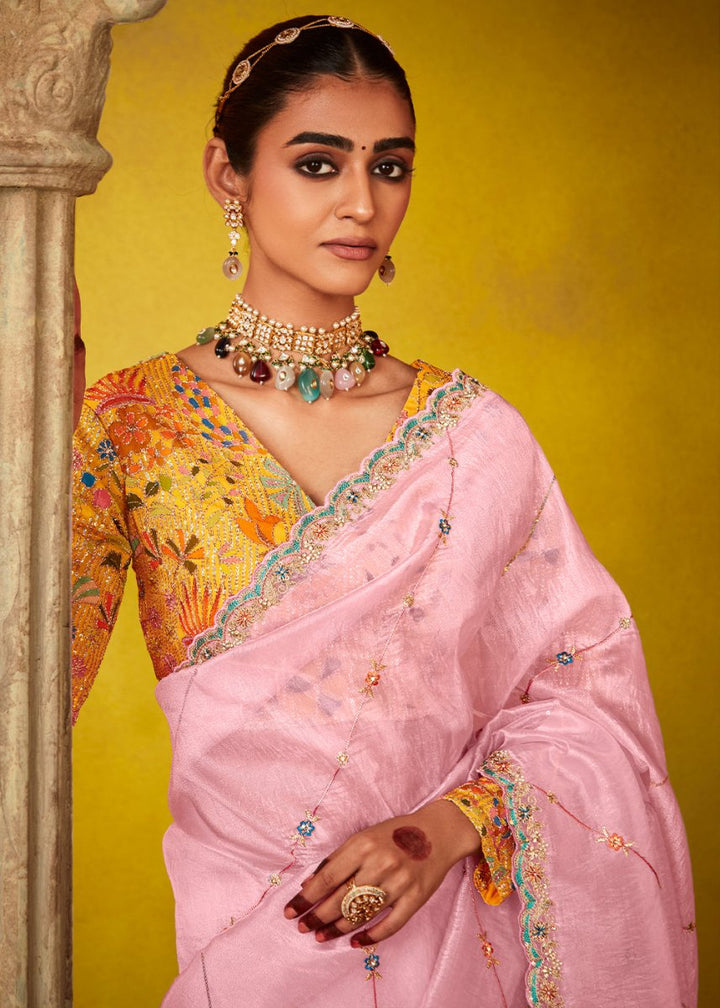 Lace Pink Tissue Silk Saree with Stunning Sequins and Thread Embroidery work - House of Sarvati LLC