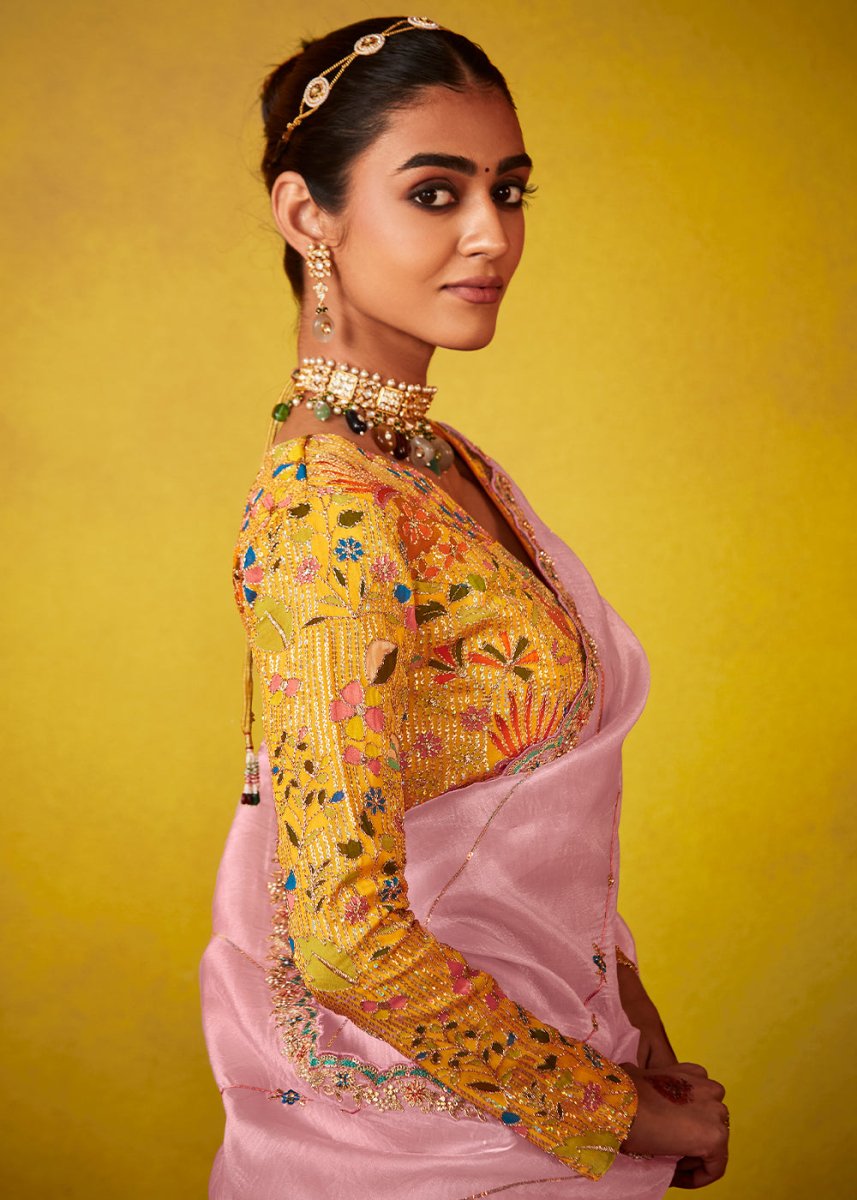 Lace Pink Tissue Silk Saree with Stunning Sequins and Thread Embroidery work - House of Sarvati LLC