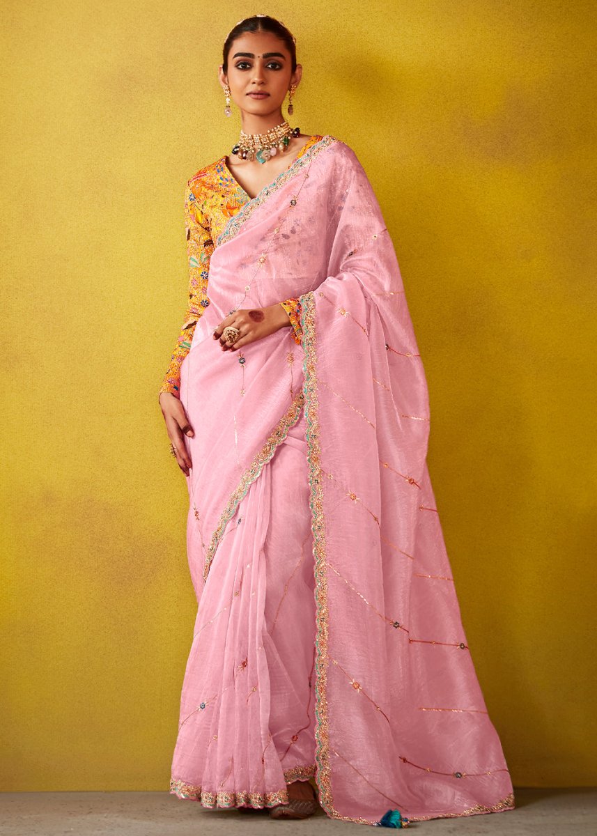 Lace Pink Tissue Silk Saree with Stunning Sequins and Thread Embroidery work - House of Sarvati LLC