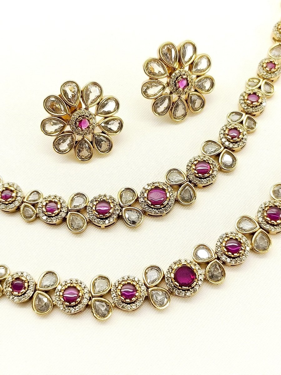 Laina Ruby Double layered Polki Necklace Set - House of Sarvati LLC