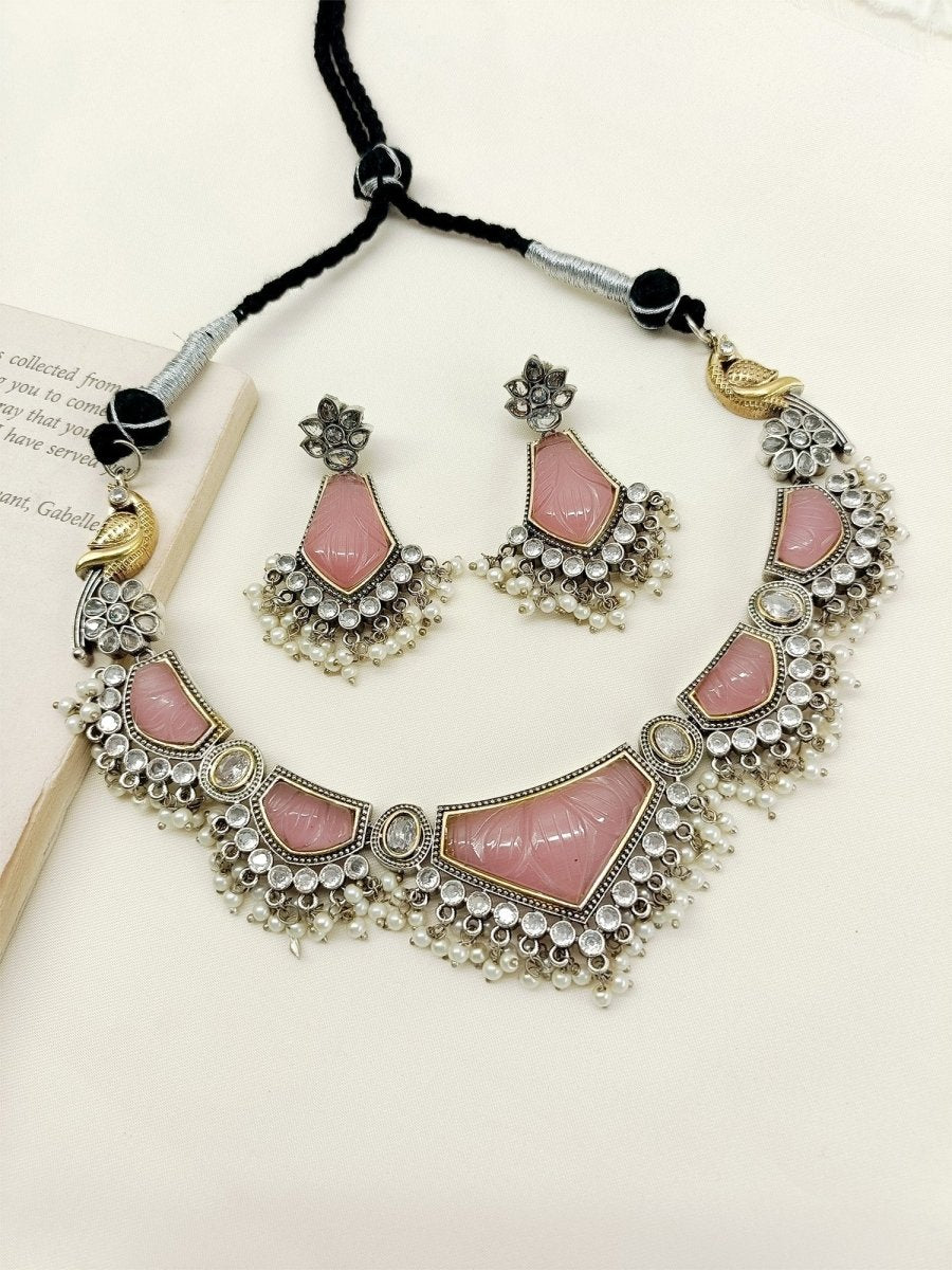 Lajvanti Baby Pink Oxidized Necklace Set - House of Sarvati LLC