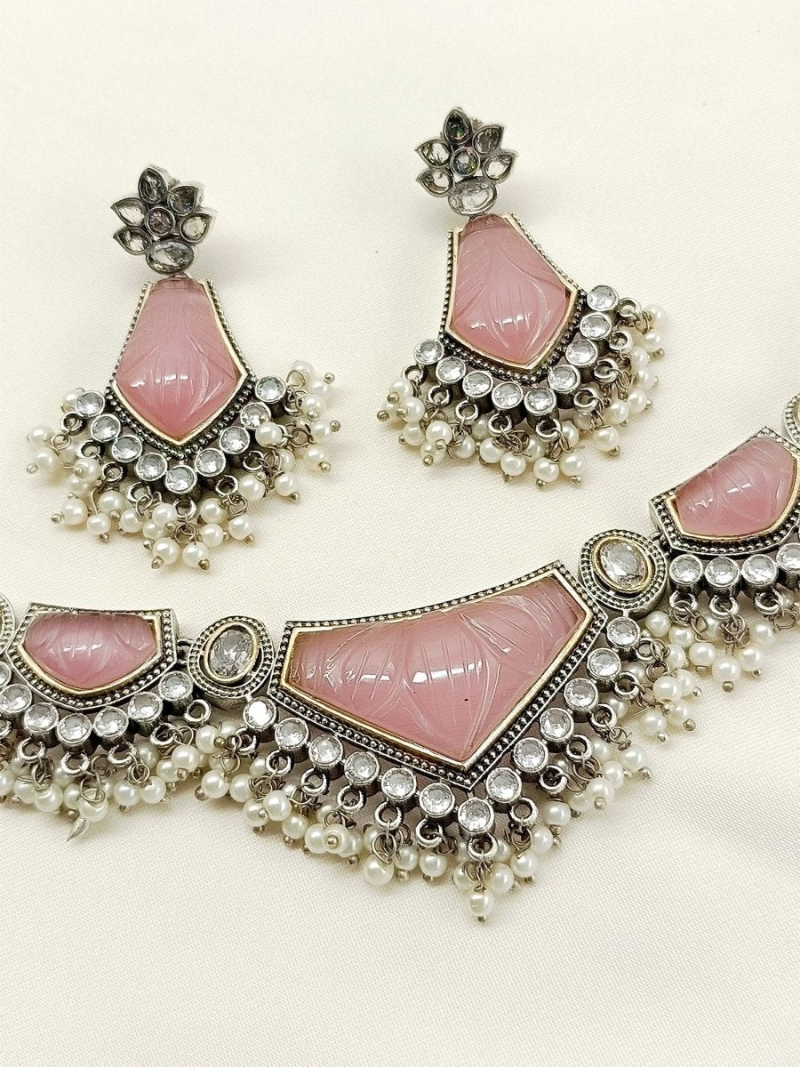 Lajvanti Baby Pink Oxidized Necklace Set - House of Sarvati LLC