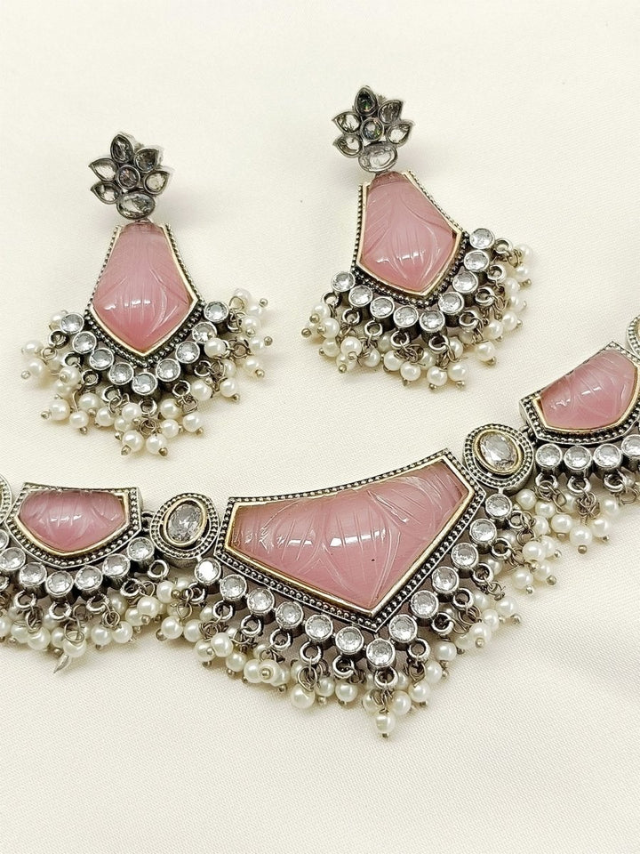 Lajvanti Baby Pink Oxidized Necklace Set - House of Sarvati LLC