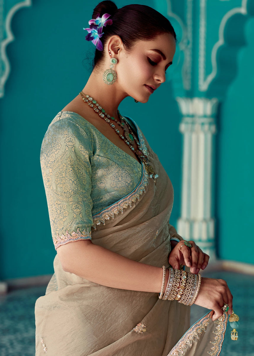 Latte Brown Tissue Silk Saree with Exquisite Embroidery - House of Sarvati LLC
