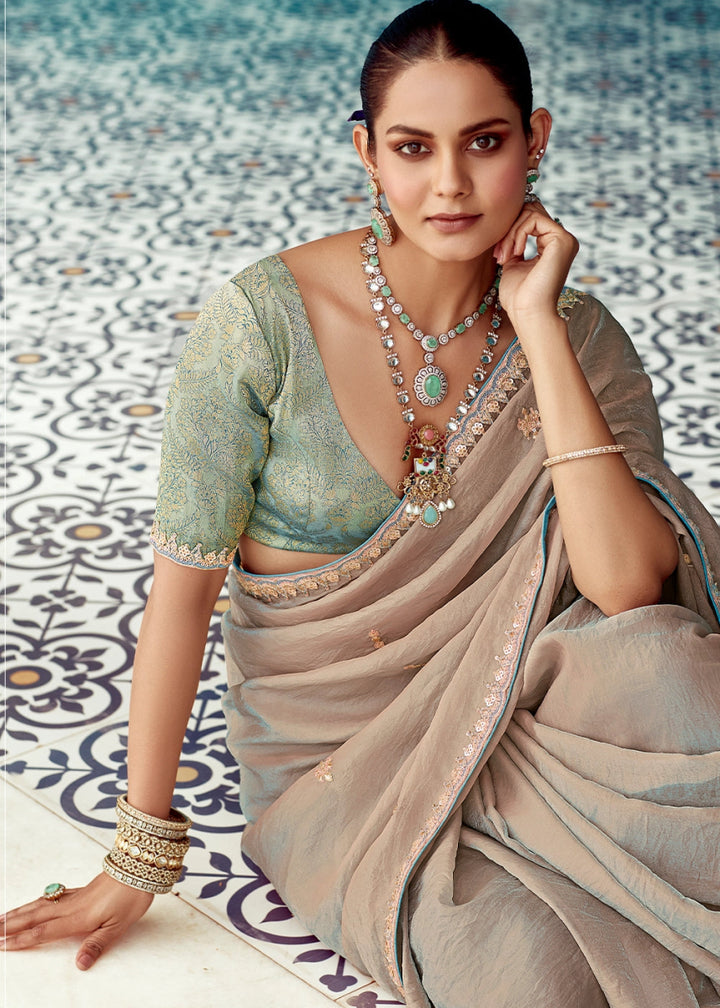 Latte Brown Tissue Silk Saree with Exquisite Embroidery - House of Sarvati LLC