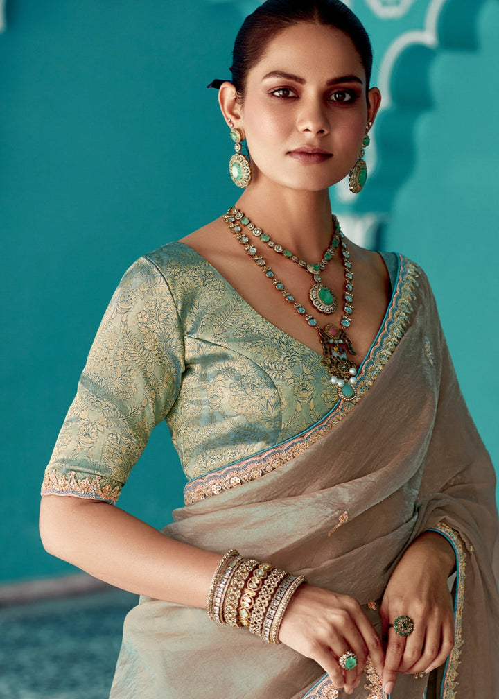 Latte Brown Tissue Silk Saree with Exquisite Embroidery - House of Sarvati LLC