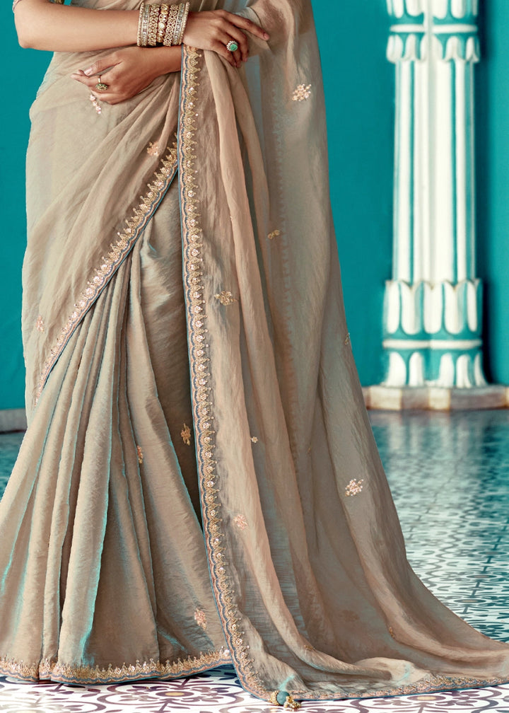 Latte Brown Tissue Silk Saree with Exquisite Embroidery - House of Sarvati LLC