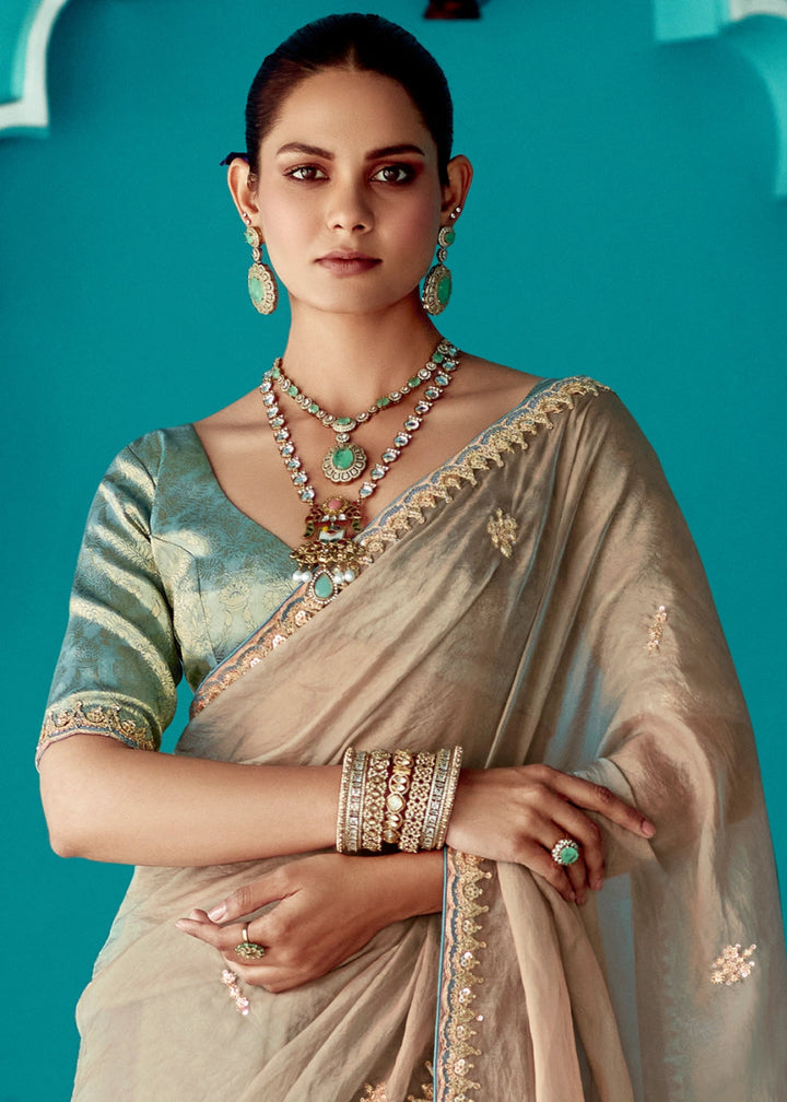Latte Brown Tissue Silk Saree with Exquisite Embroidery - House of Sarvati LLC