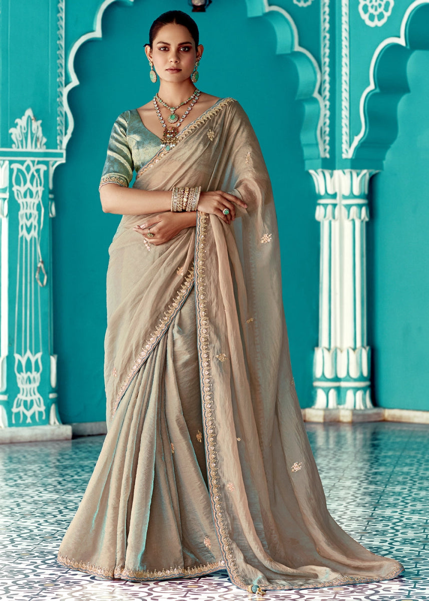 Latte Brown Tissue Silk Saree with Exquisite Embroidery - House of Sarvati LLC