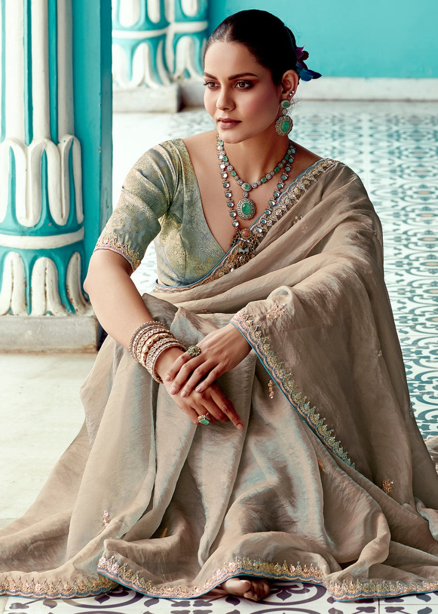 Latte Brown Tissue Silk Saree with Exquisite Embroidery - House of Sarvati LLC