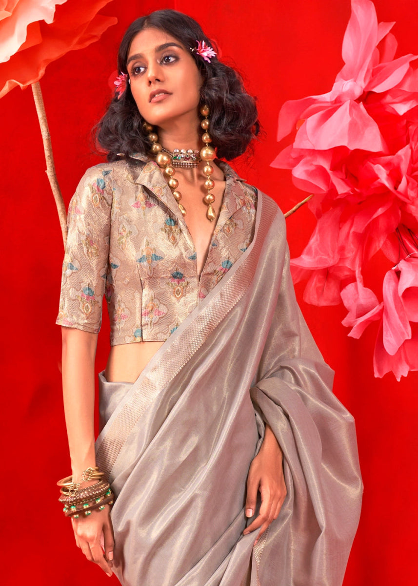 Lava Grey Tissue Silk Saree with Rich Zari Weave - House of Sarvati LLC