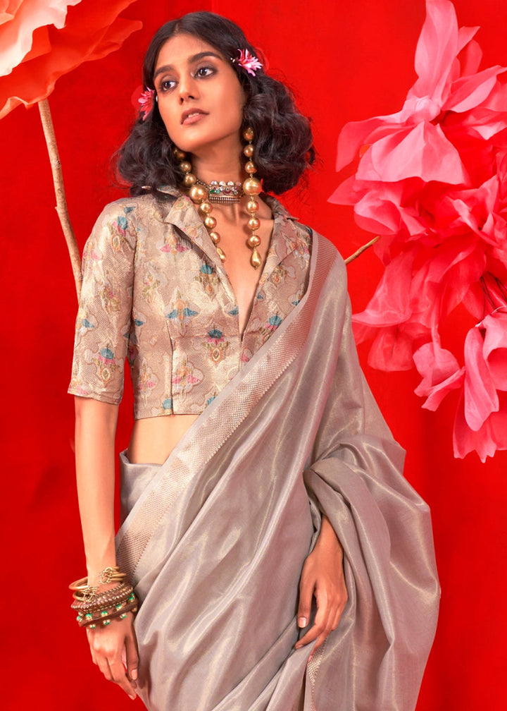 Lava Grey Tissue Silk Saree with Rich Zari Weave - House of Sarvati LLC