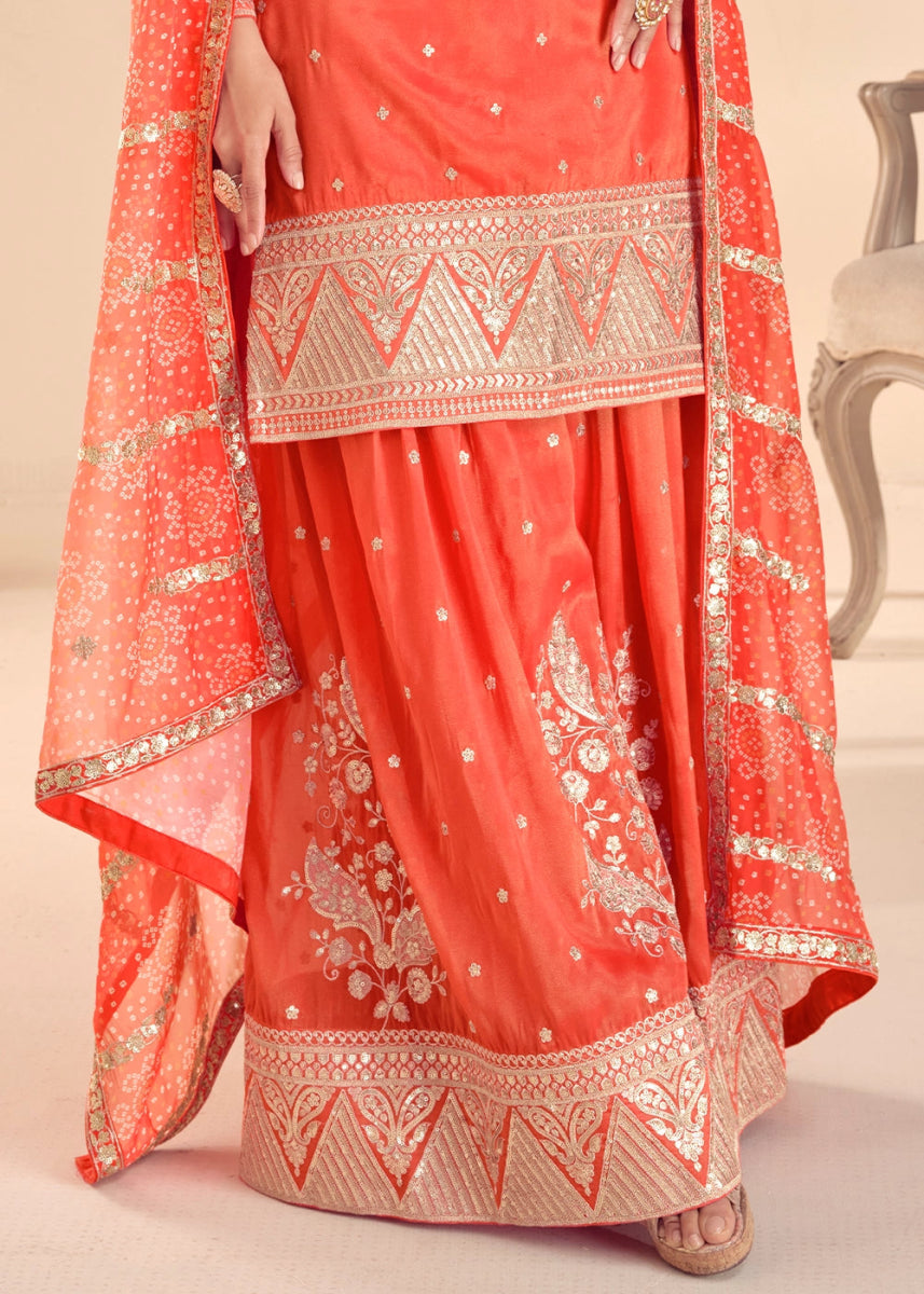 Lava Orange Embellished Simar Silk Palazzo Suit - House of Sarvati LLC