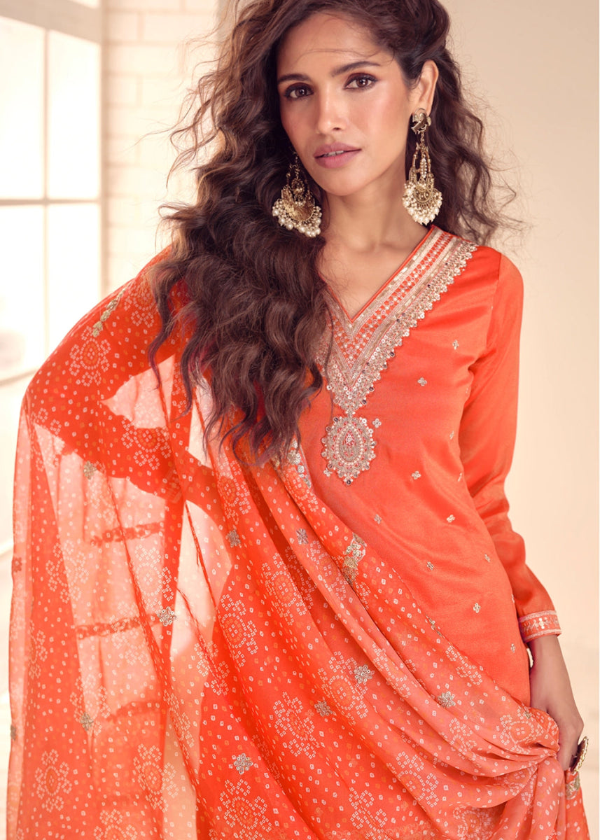 Lava Orange Embellished Simar Silk Palazzo Suit - House of Sarvati LLC