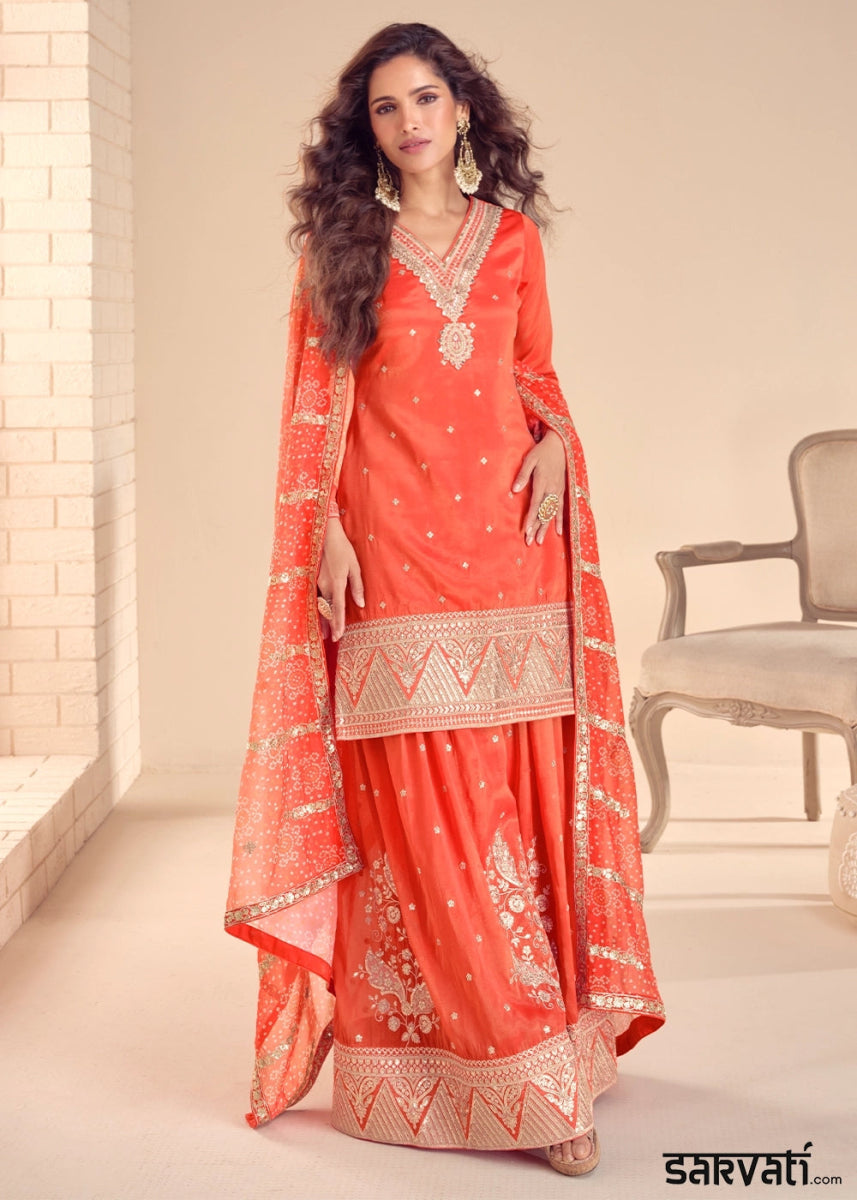 Lava Orange Embellished Simar Silk Palazzo Suit - House of Sarvati LLC