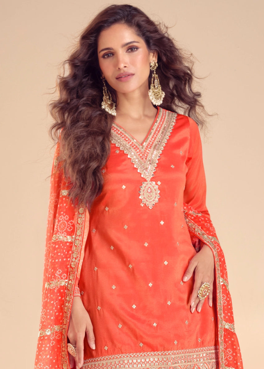 Lava Orange Embellished Simar Silk Palazzo Suit - House of Sarvati LLC