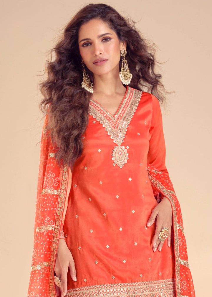 Lava Orange Embellished Simar Silk Palazzo Suit - House of Sarvati LLC