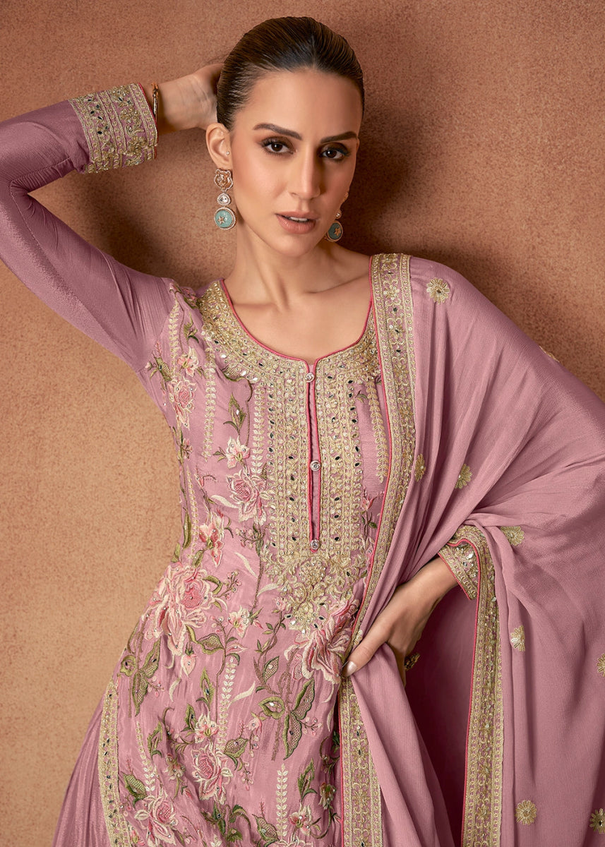 Lavender Purple Festive Palazzo Suit with Elegant Floral Embroidery - House of Sarvati LLC
