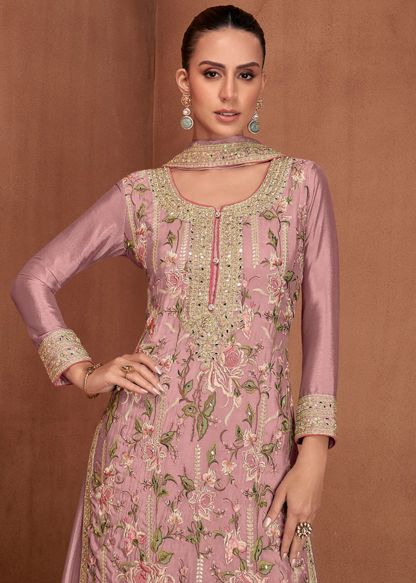 Lavender Purple Festive Palazzo Suit with Elegant Floral Embroidery - House of Sarvati LLC