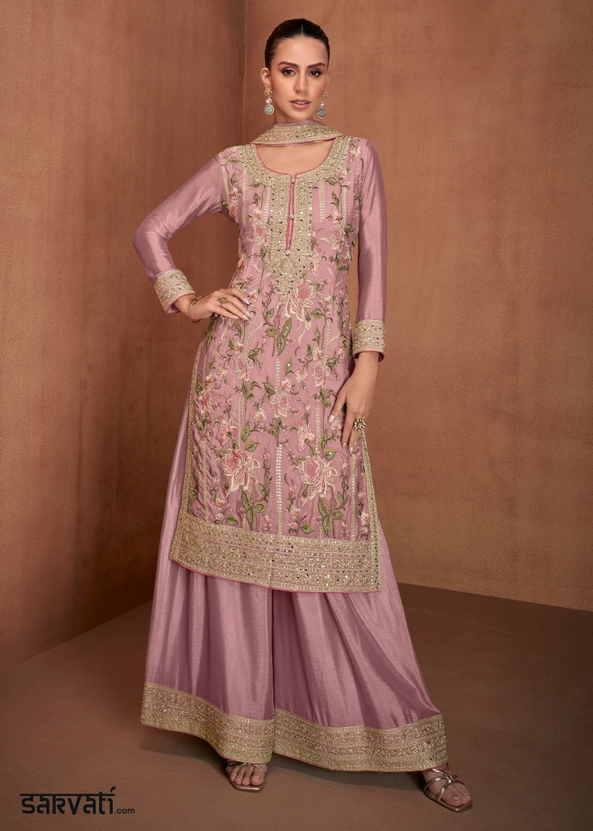 Lavender Purple Festive Palazzo Suit with Elegant Floral Embroidery - House of Sarvati LLC