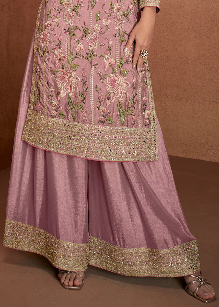 Lavender Purple Festive Palazzo Suit with Elegant Floral Embroidery - House of Sarvati LLC