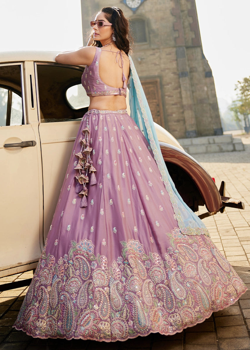 Lavender Purple Georgette Lehenga Choli with Floral Sequin Detailing - House of Sarvati LLC