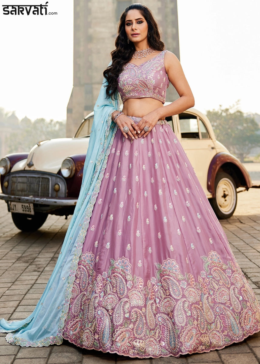Lavender Purple Georgette Lehenga Choli with Floral Sequin Detailing - House of Sarvati LLC