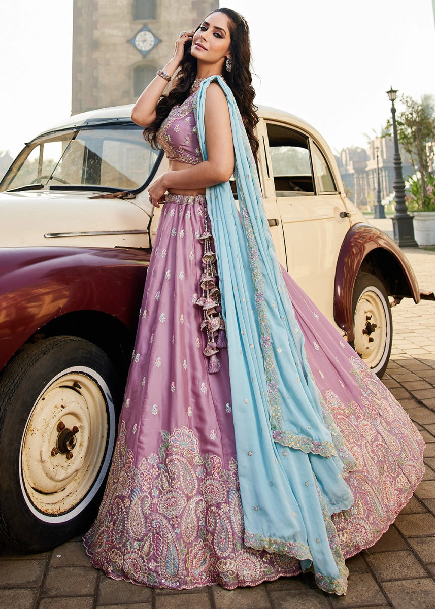 Lavender Purple Georgette Lehenga Choli with Floral Sequin Detailing - House of Sarvati LLC