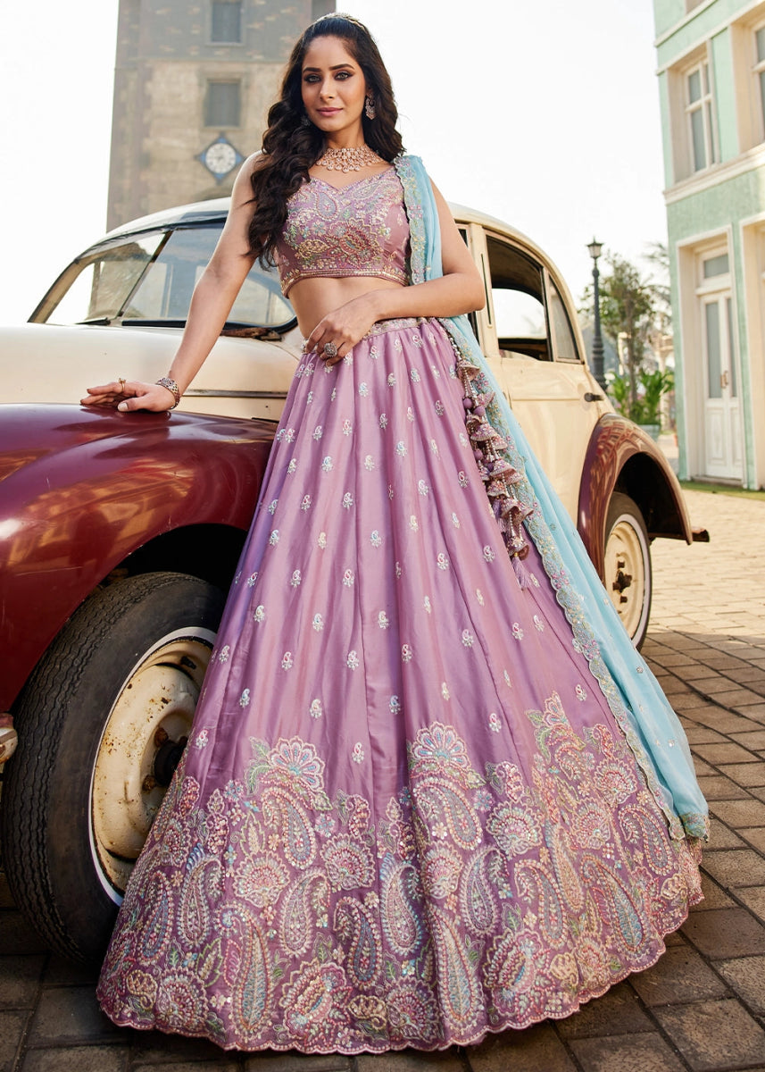 Lavender Purple Georgette Lehenga Choli with Floral Sequin Detailing - House of Sarvati LLC