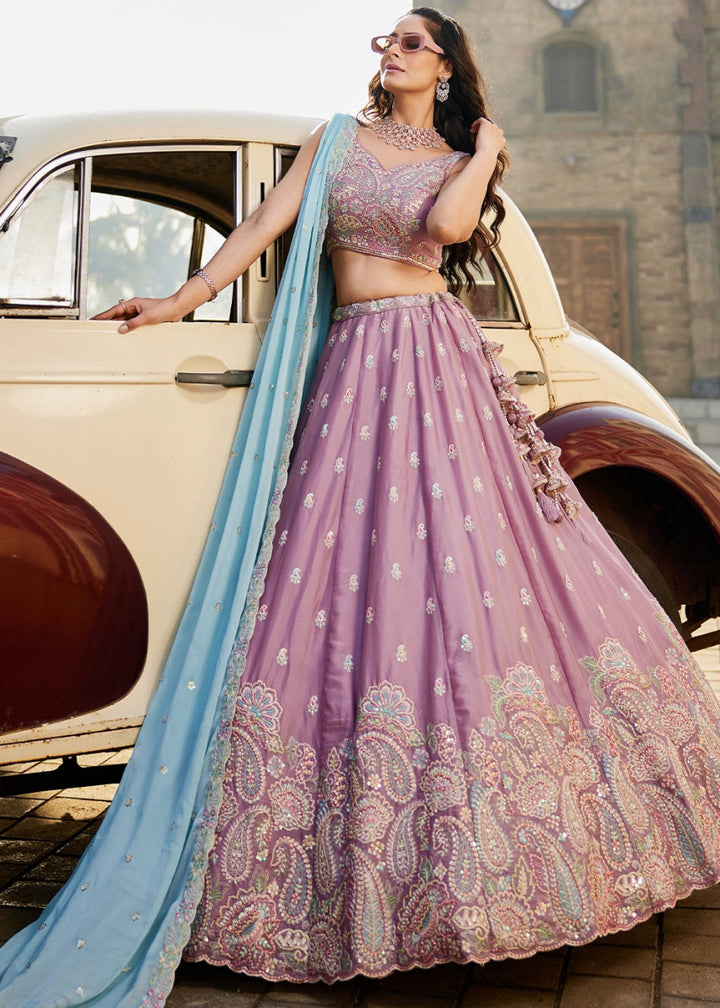 Lavender Purple Georgette Lehenga Choli with Floral Sequin Detailing - House of Sarvati LLC