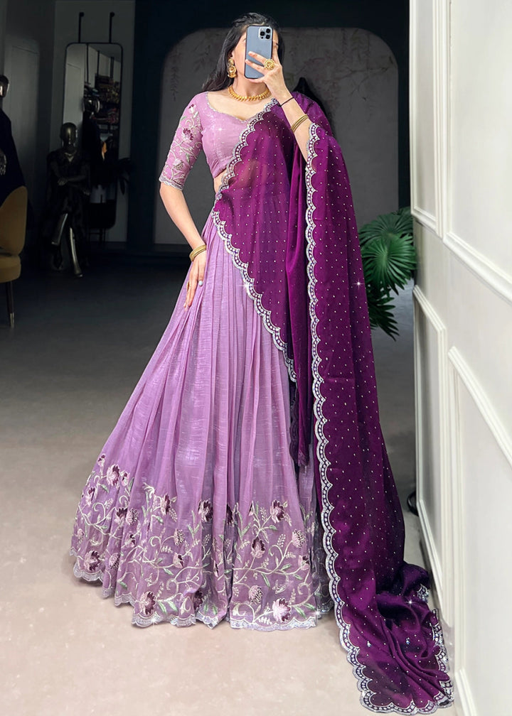 Lavender Purple Lehenga Choli in Organza Silk with Handcrafted Sequins & Thread Detailing - House of Sarvati LLC