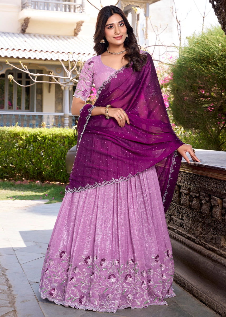 Lavender Purple Lehenga Choli in Organza Silk with Handcrafted Sequins & Thread Detailing - House of Sarvati LLC