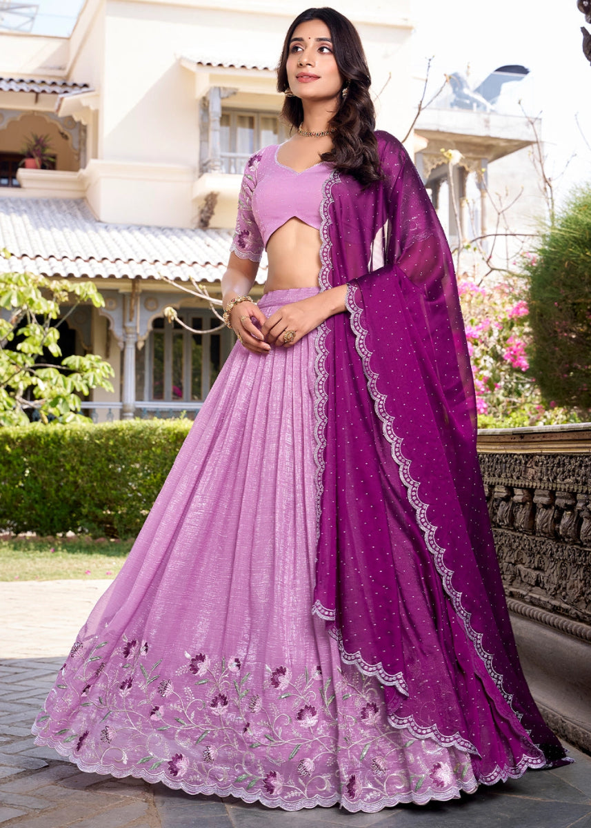 Lavender Purple Lehenga Choli in Organza Silk with Handcrafted Sequins & Thread Detailing - House of Sarvati LLC