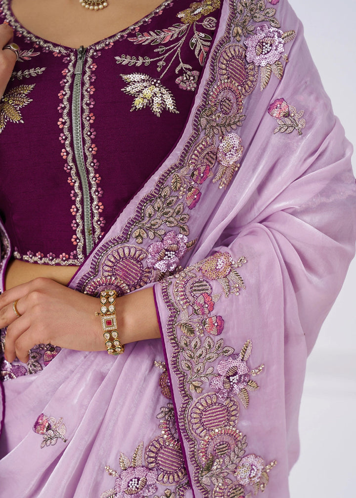 Lavender Purple Silk Saree With Sequin And Zari work - House of Sarvati LLC