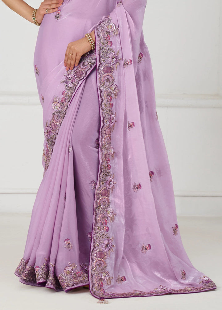 Lavender Purple Silk Saree With Sequin And Zari work - House of Sarvati LLC