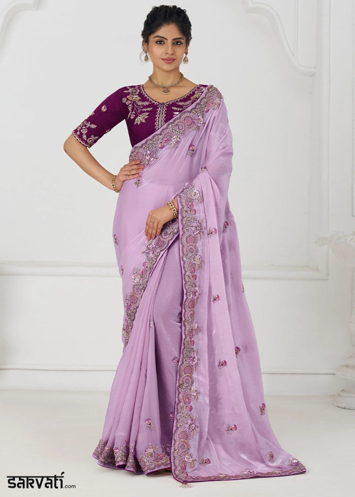 Lavender Purple Silk Saree With Sequin And Zari work - House of Sarvati LLC