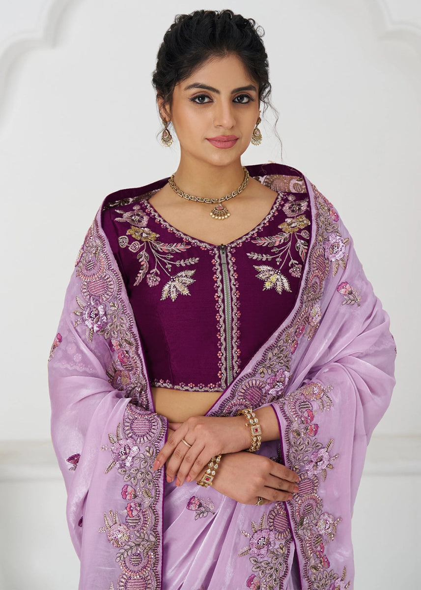 Lavender Purple Silk Saree With Sequin And Zari work - House of Sarvati LLC