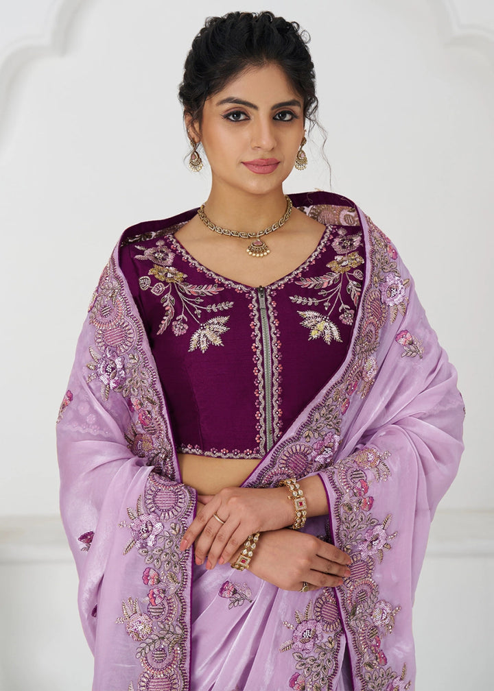 Lavender Purple Silk Saree With Sequin And Zari work - House of Sarvati LLC