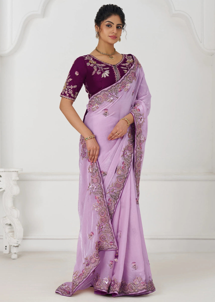 Lavender Purple Silk Saree With Sequin And Zari work - House of Sarvati LLC