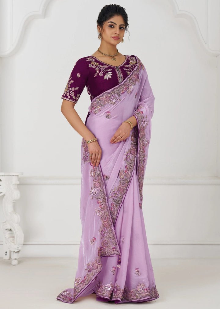 Lavender Purple Silk Saree With Sequin And Zari work - House of Sarvati LLC
