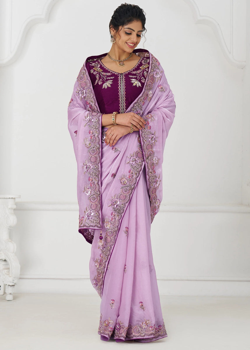 Lavender Purple Silk Saree With Sequin And Zari work - House of Sarvati LLC