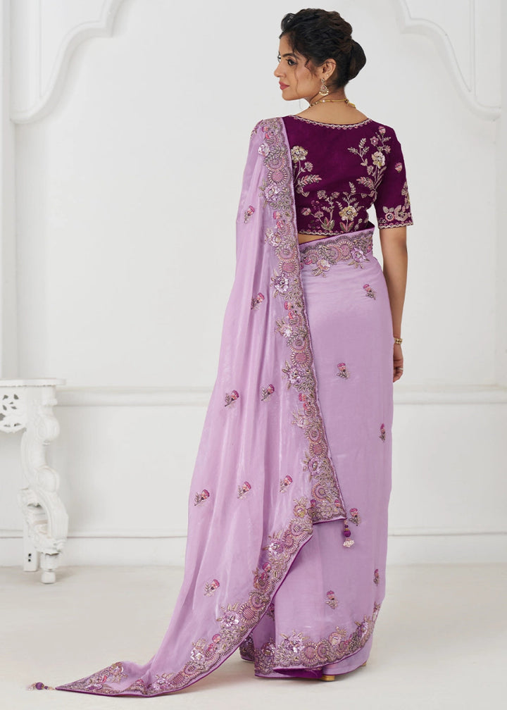 Lavender Purple Silk Saree With Sequin And Zari work - House of Sarvati LLC