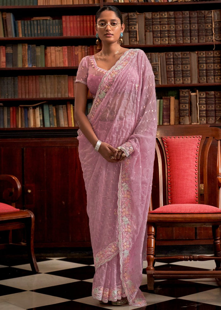 Lavender Purple Tissue Organza Saree with Crystal Accents for a Luxe Look - House of Sarvati LLC