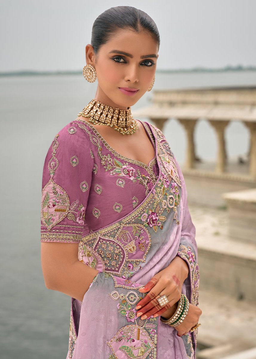 Lavender Purple Viscose Silk Saree with Intricate Cutwork & Embroidery - House of Sarvati LLC
