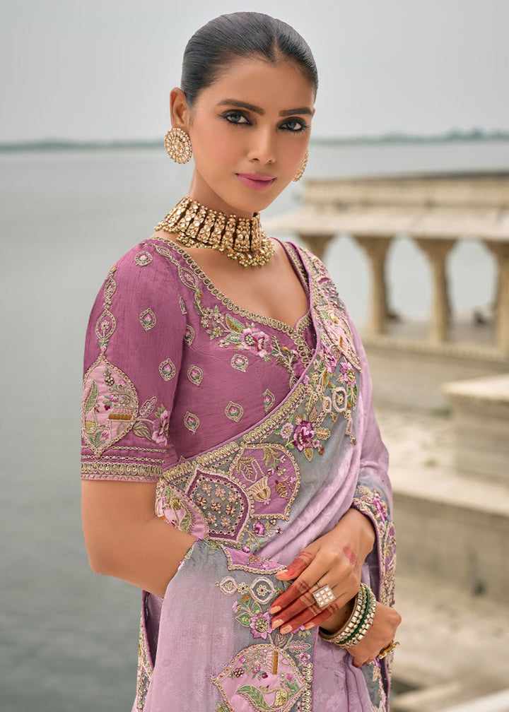 Lavender Purple Viscose Silk Saree with Intricate Cutwork & Embroidery - House of Sarvati LLC