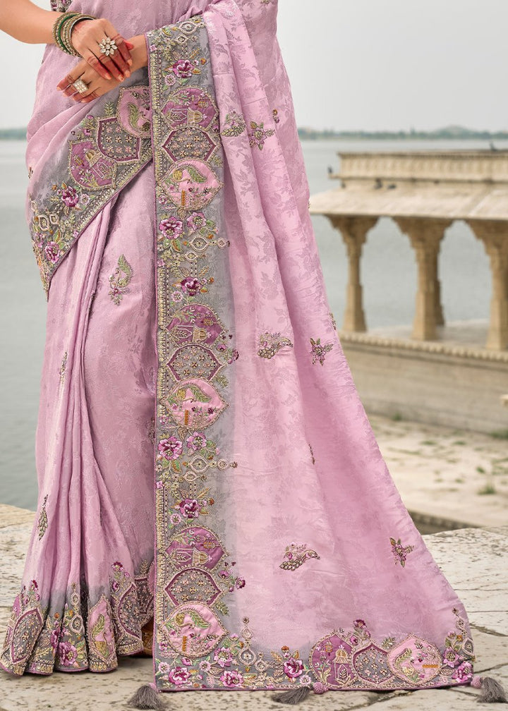 Lavender Purple Viscose Silk Saree with Intricate Cutwork & Embroidery - House of Sarvati LLC