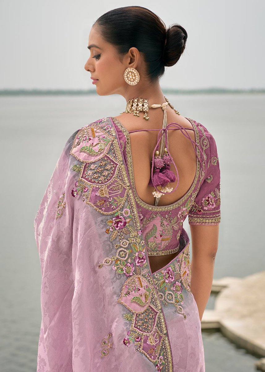 Lavender Purple Viscose Silk Saree with Intricate Cutwork & Embroidery - House of Sarvati LLC