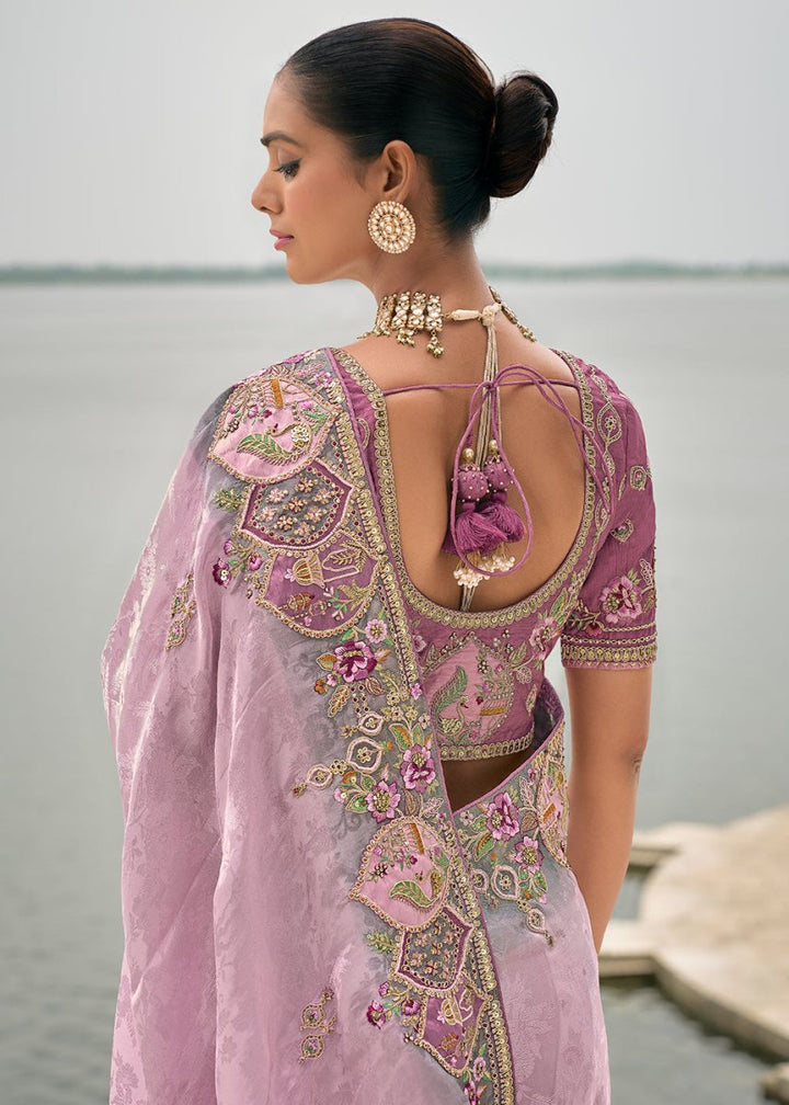Lavender Purple Viscose Silk Saree with Intricate Cutwork & Embroidery - House of Sarvati LLC